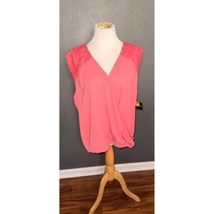 Liz Claiborne Career Pink Lace Shoulder Surplice V-Neck Blouse XL Sleeveless NWT